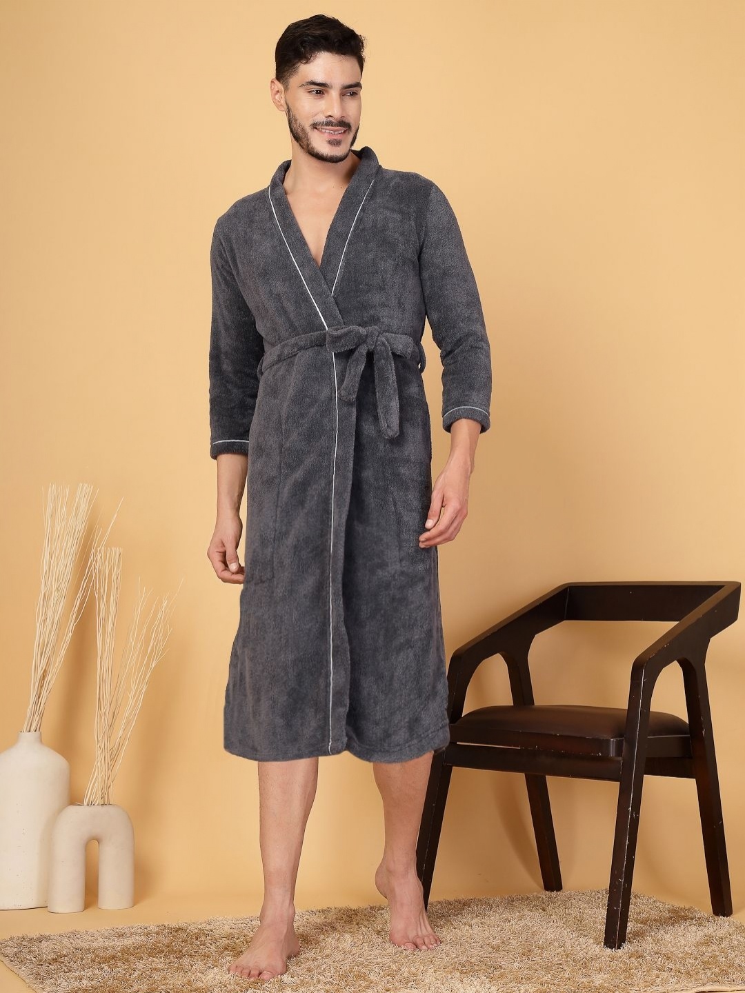 

FABINALIV Men Solid Cotton Bath Robe with Belt and 2 Cross Pockets, Grey