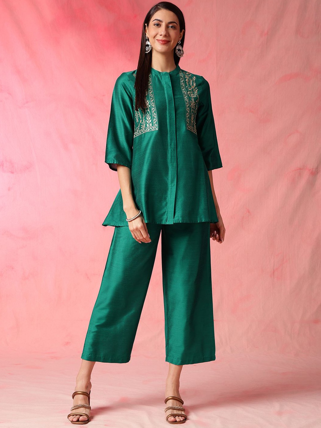 

Anouk Green Embroidered Mandarin Collar Top With Palazzos