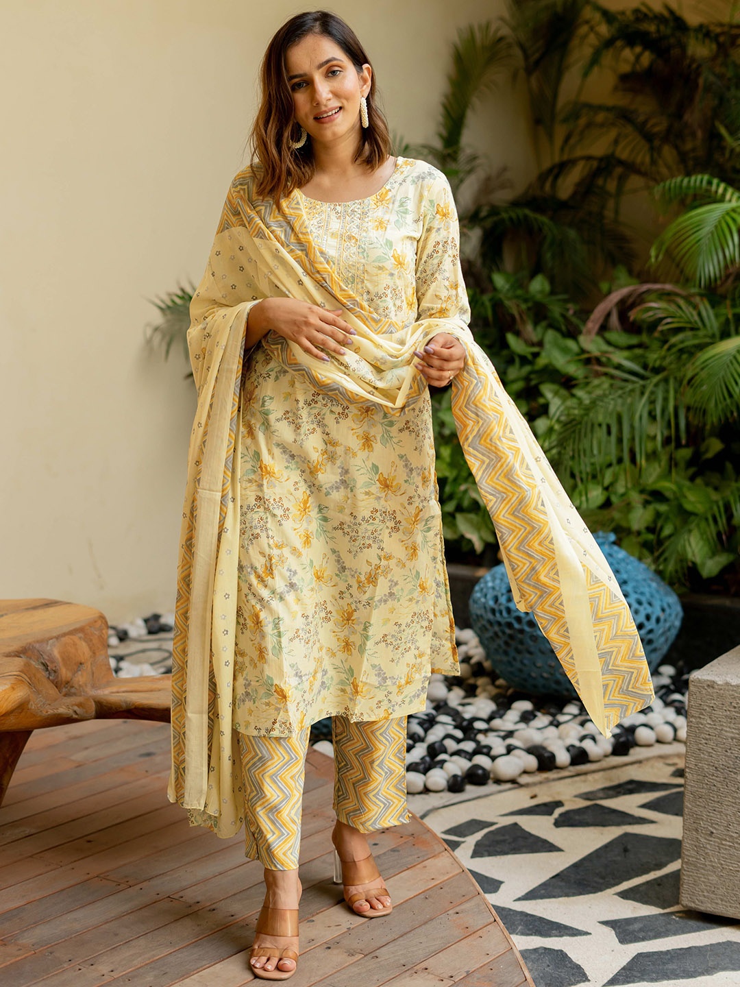 

KALINI Floral Printed Sequinned Pure Cotton Kurta with Trousers & Dupatta, Yellow