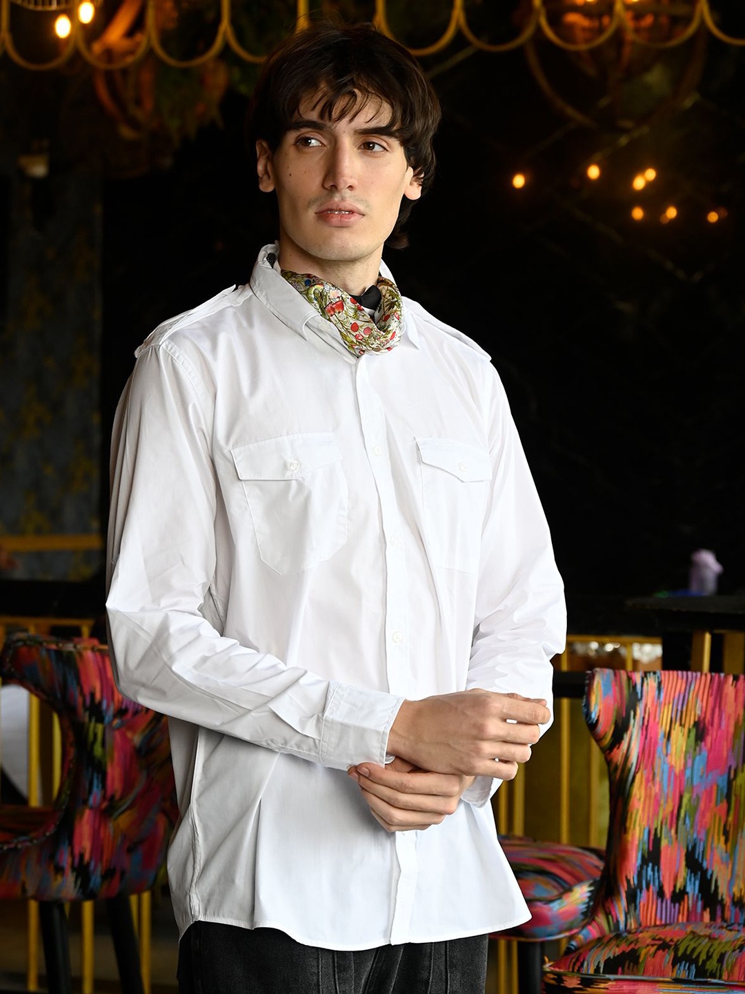 

ODETTE Men Spread Collar Solid Cotton Formal Shirt, White