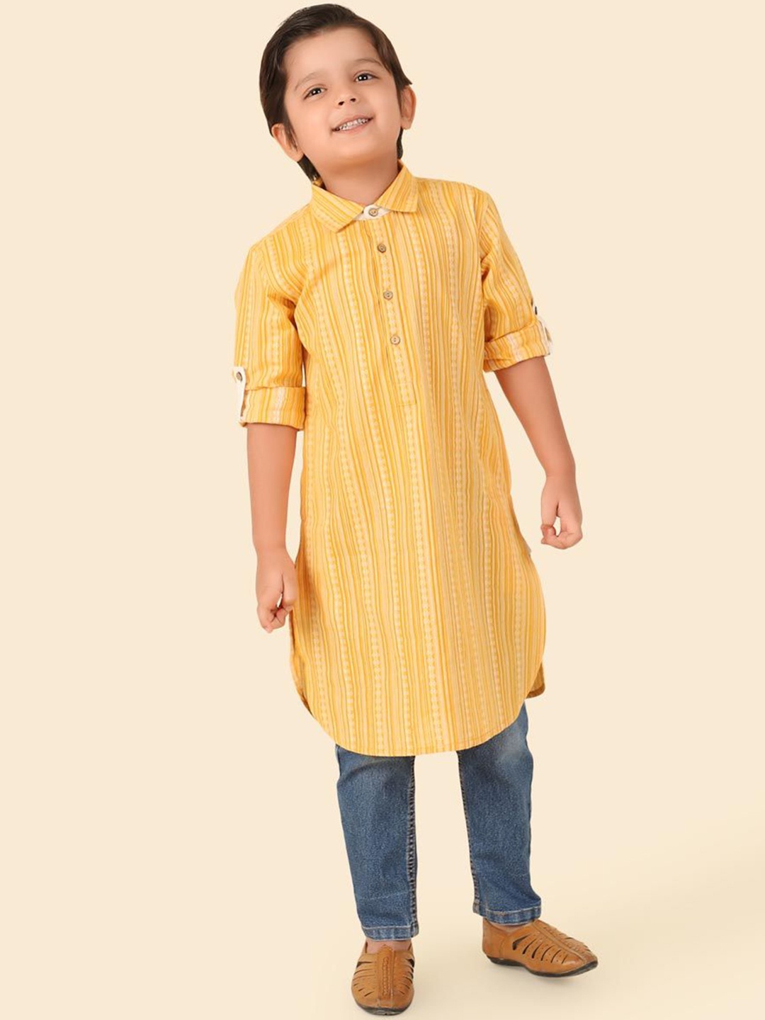 

Fabindia Boys Striped Roll-Up Sleeves Cotton Pathani Kurta, Yellow