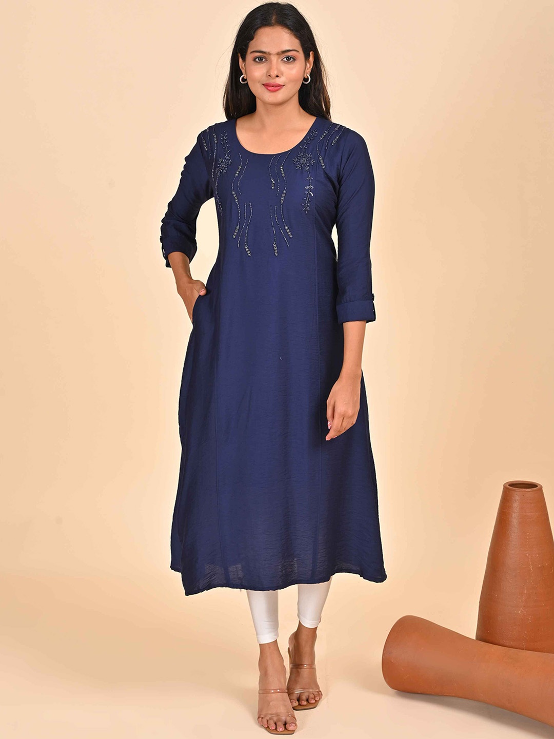 

GOLDSTROMS Floral Embroidered Anarkali Kurta, Navy blue