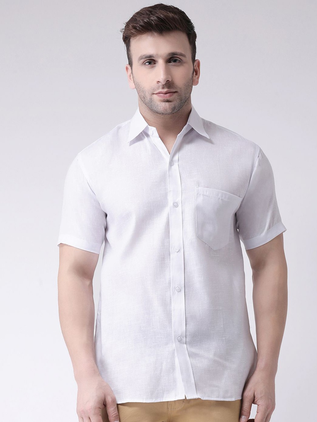 

KLOSET BY RIAG Men Classic Spread Collar Solid Cotton Linen Casual Shirt, White