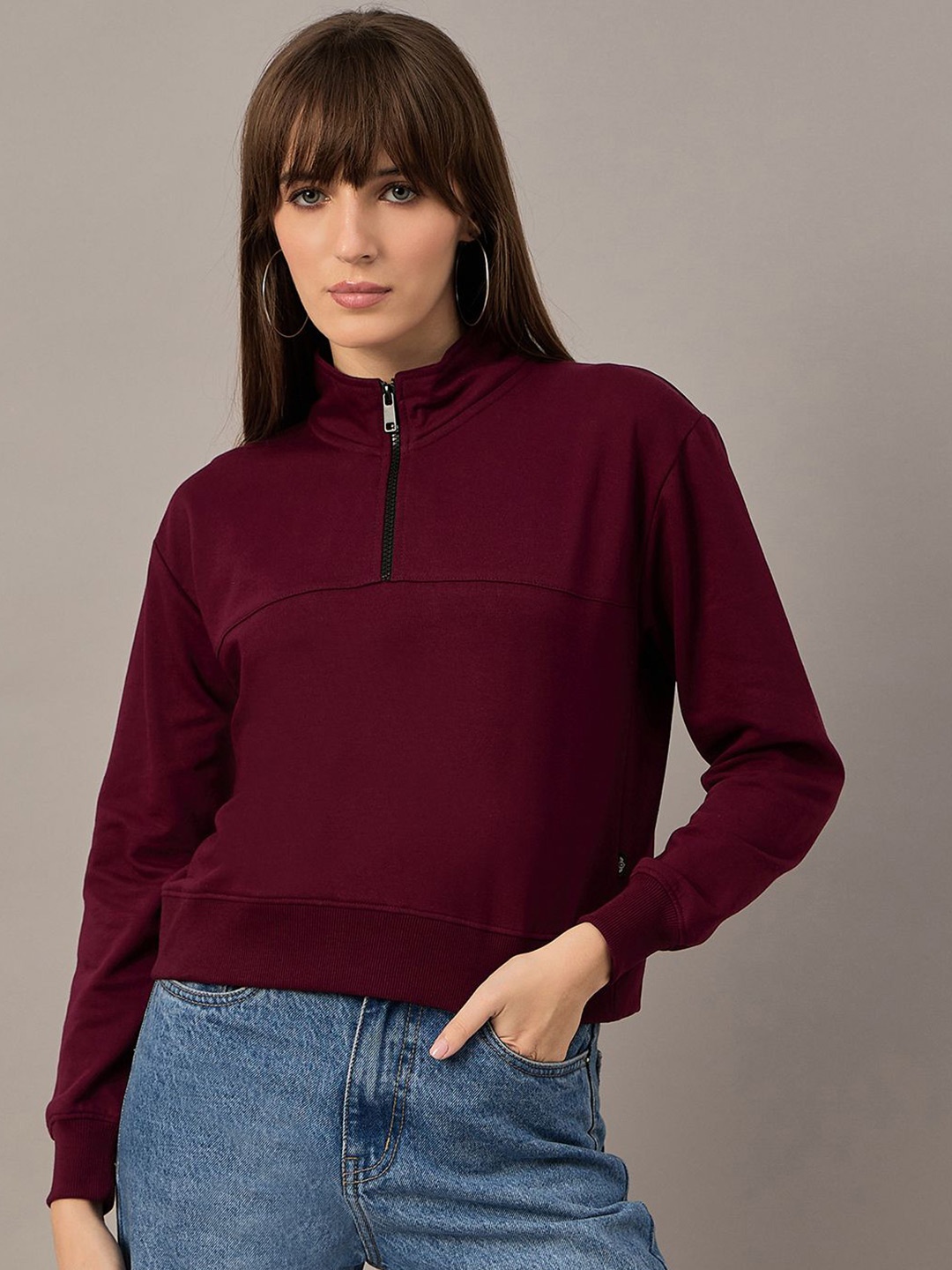 

The Roadster Lifestyle Co Women Solid Sweatshirt, Maroon