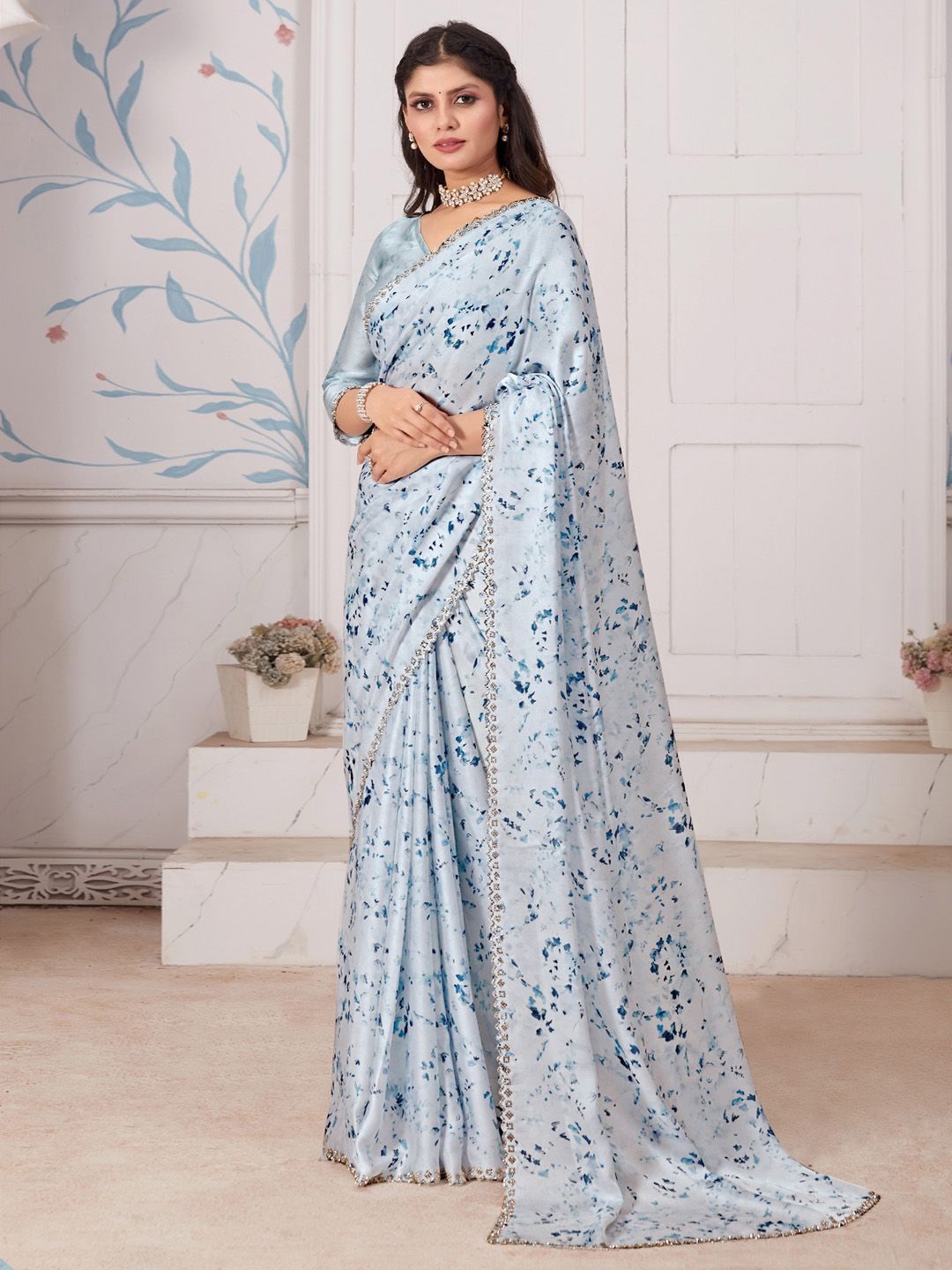 

Anouk Floral Beads and Stones Satin Saree, Blue