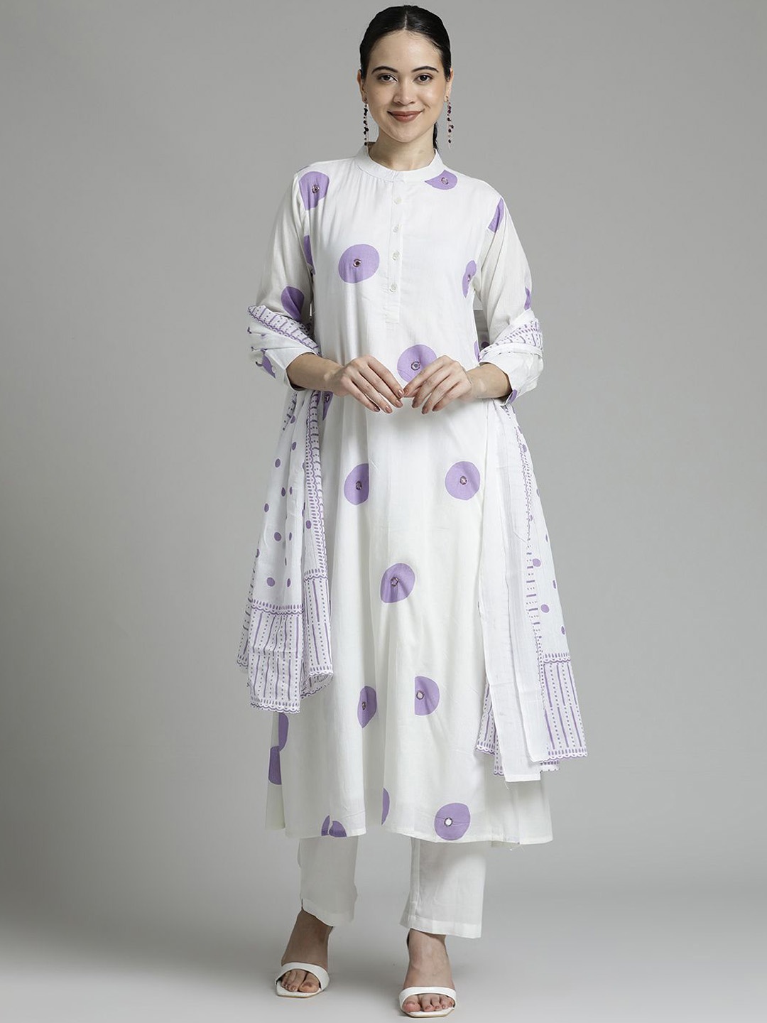 

Jaipur Kurti Printed Pure Cotton A-line Suit Set, Lavender