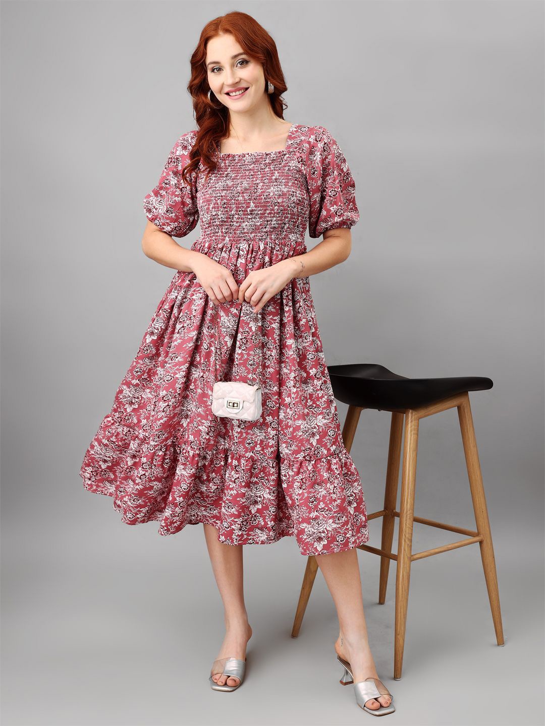 

Femvy Floral Printed Puff Sleeves Applique Midi Dress, Pink