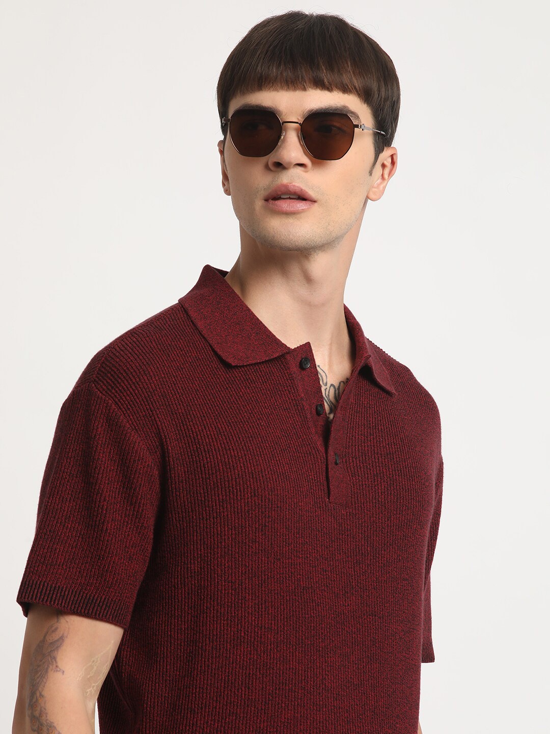 

THE BEAR HOUSE Self Design Regular Fit Cotton Polo Collar T-shirt, Red