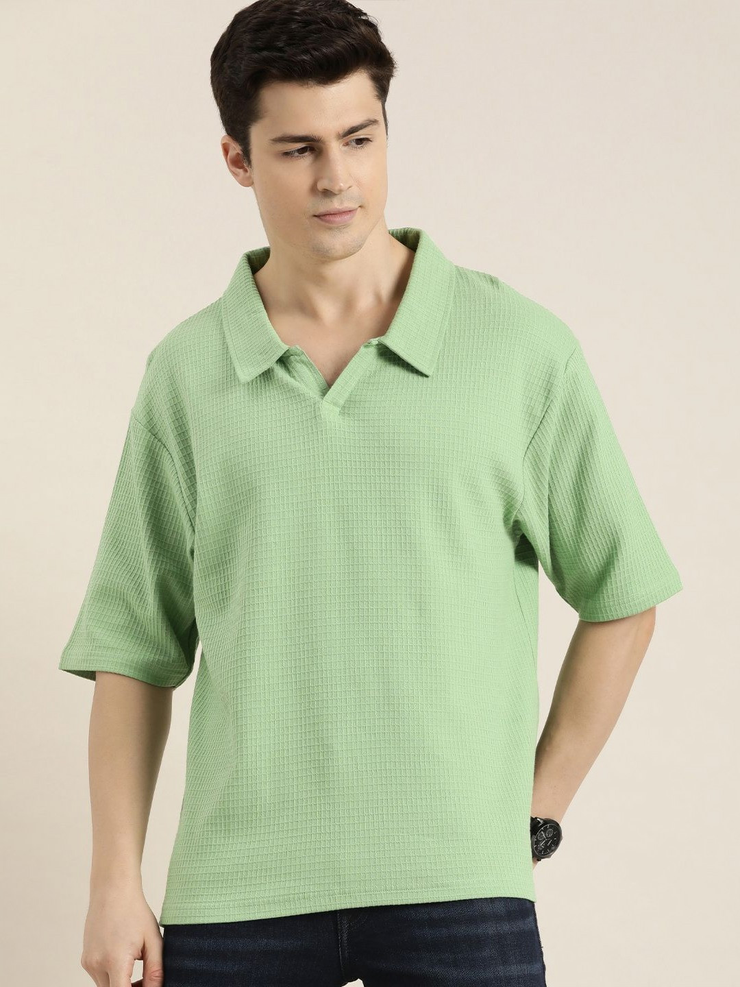 

DILLINGER Men Waffle Structure Self Design Oversized Polo Collar T-shirt, Green