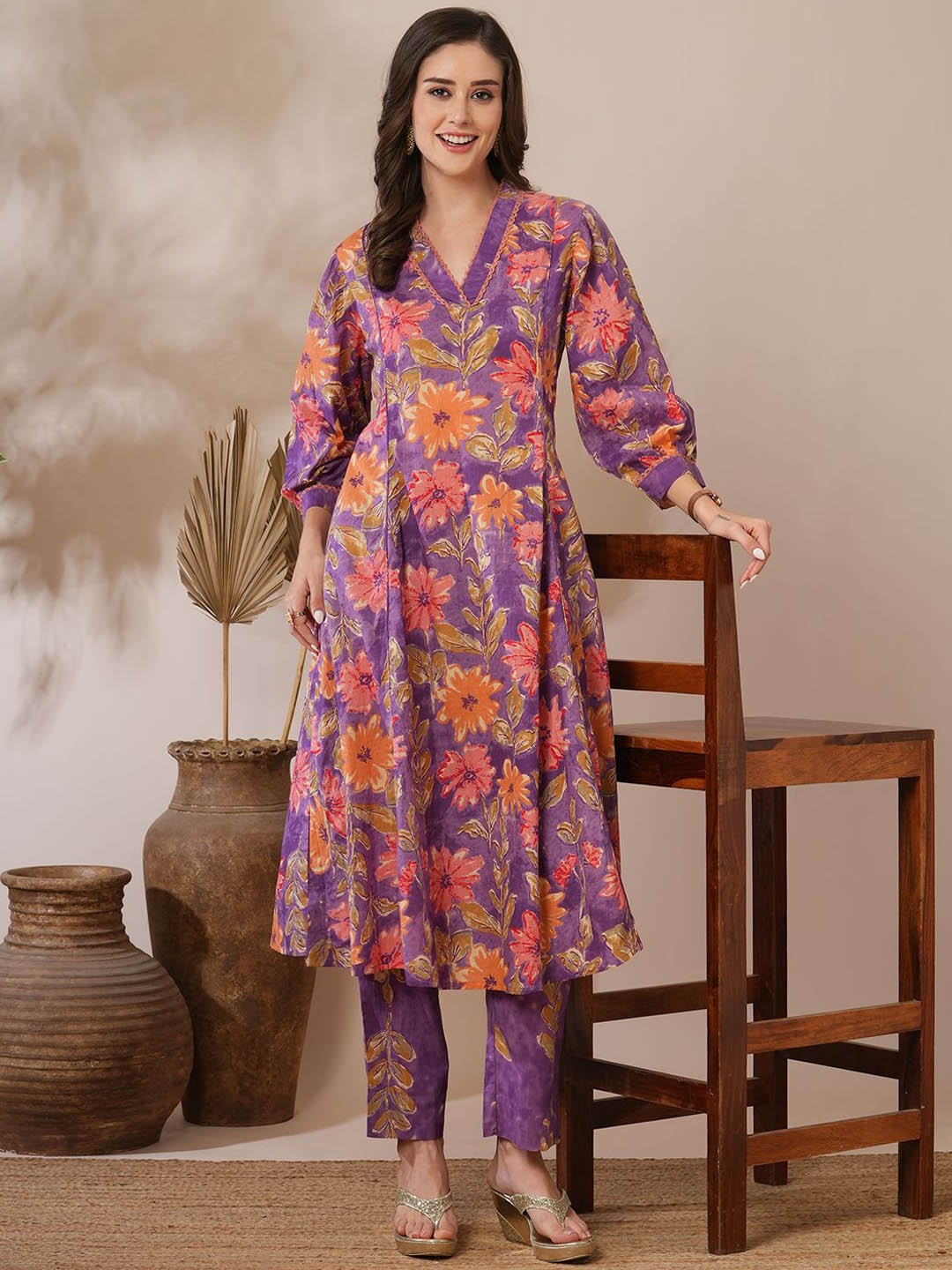 

FASHOR Floral Printed A-Line Tunic With Trouser, Purple