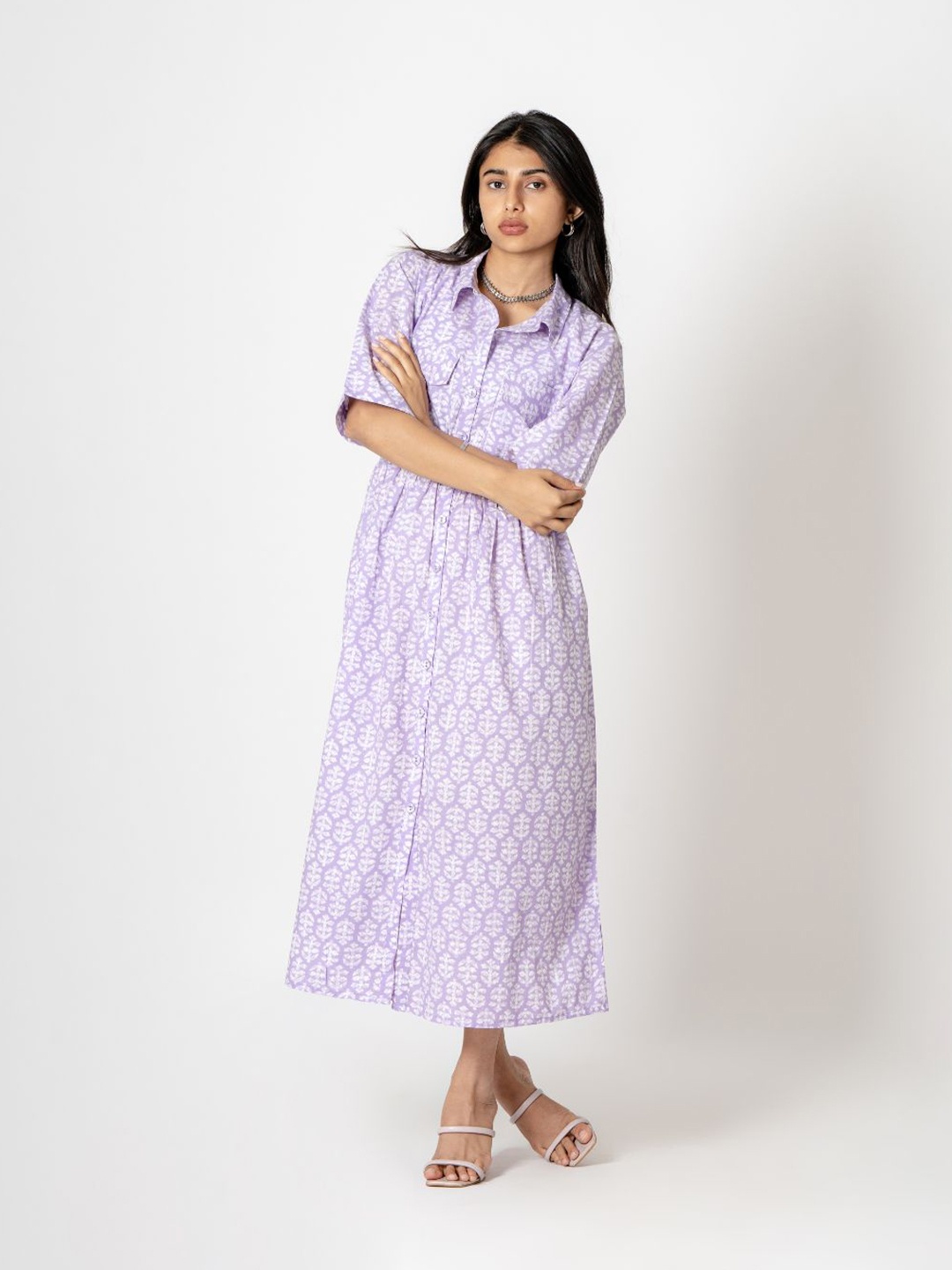

Kameez by Pooja Kejriwal Floral Printed Fit & Flare Midi Dress, Lavender