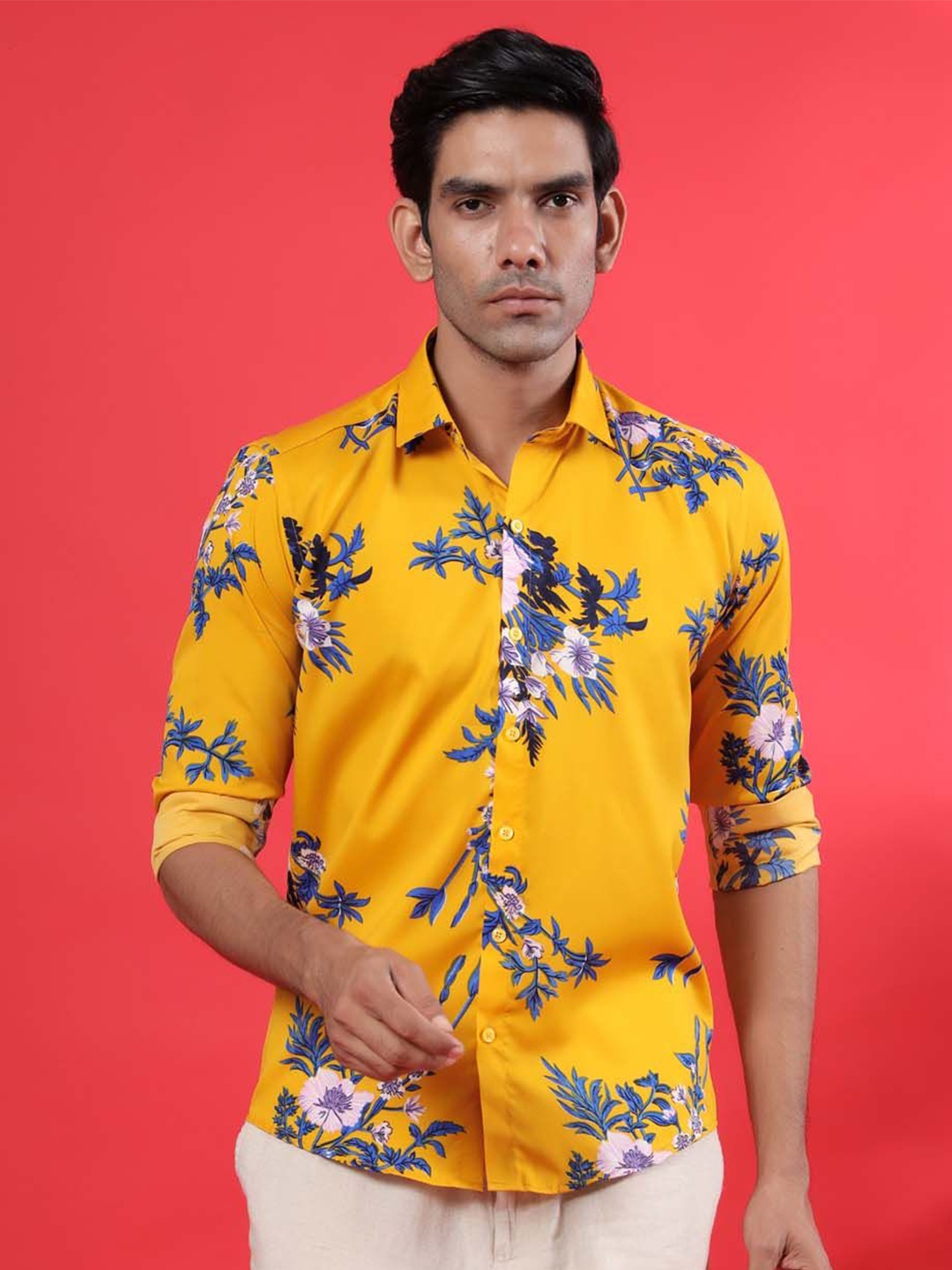 

Tistabene Men Standard Spread Collar Floral Printed Crepe Casual Shirt, Yellow