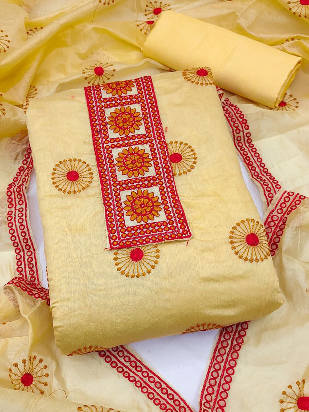 

APNISHA Floral Embroidered Unstitched Dress Material, Yellow