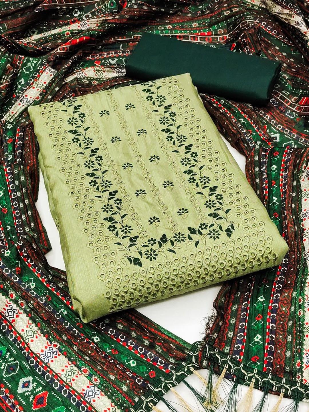 

APNISHA Floral Embellished Thread Work Pure Silk Unstitched Dress Material, Lime green