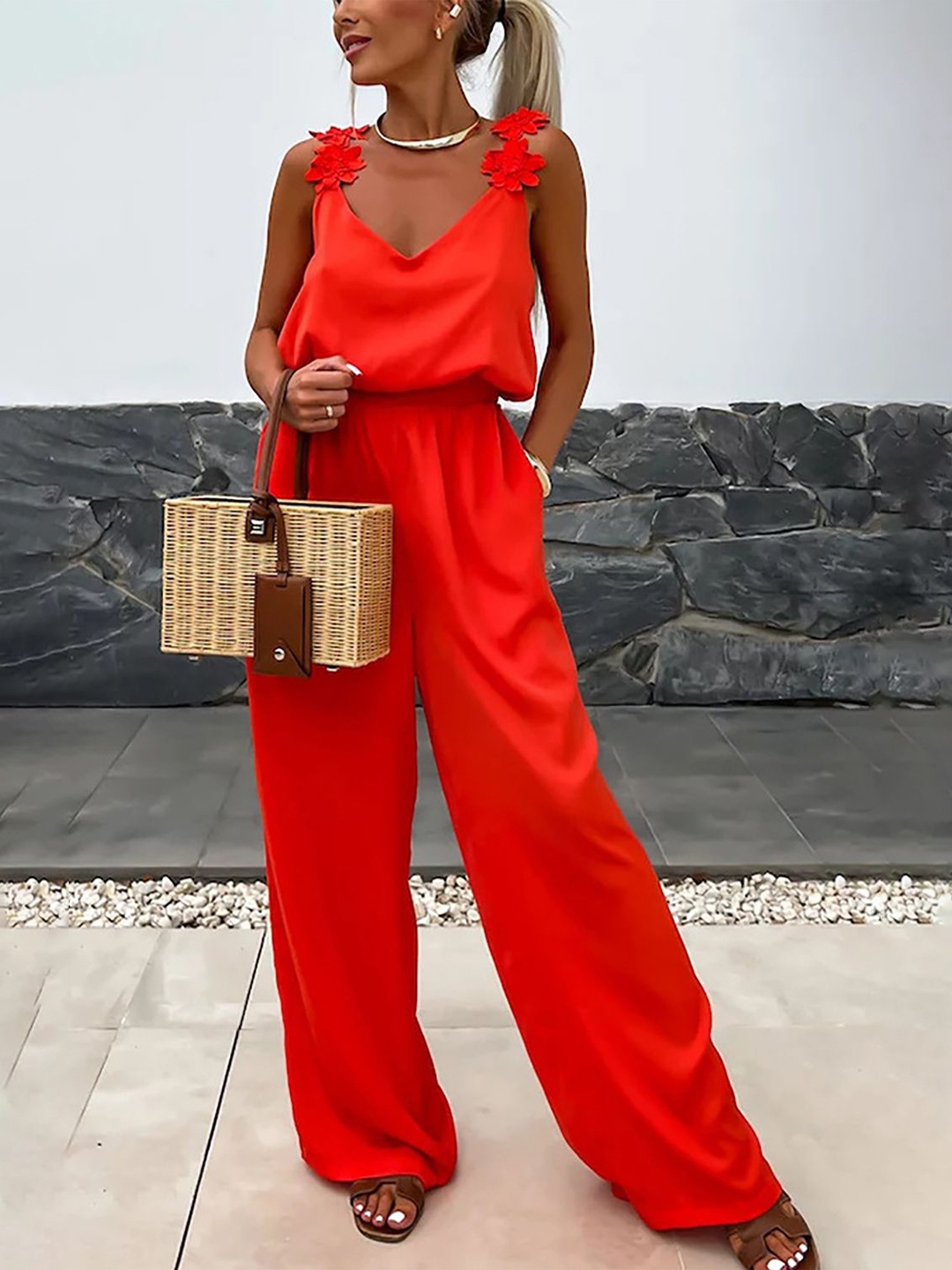 

StyleCast x Revolte Solid Basic Jumpsuit with Applique, Red