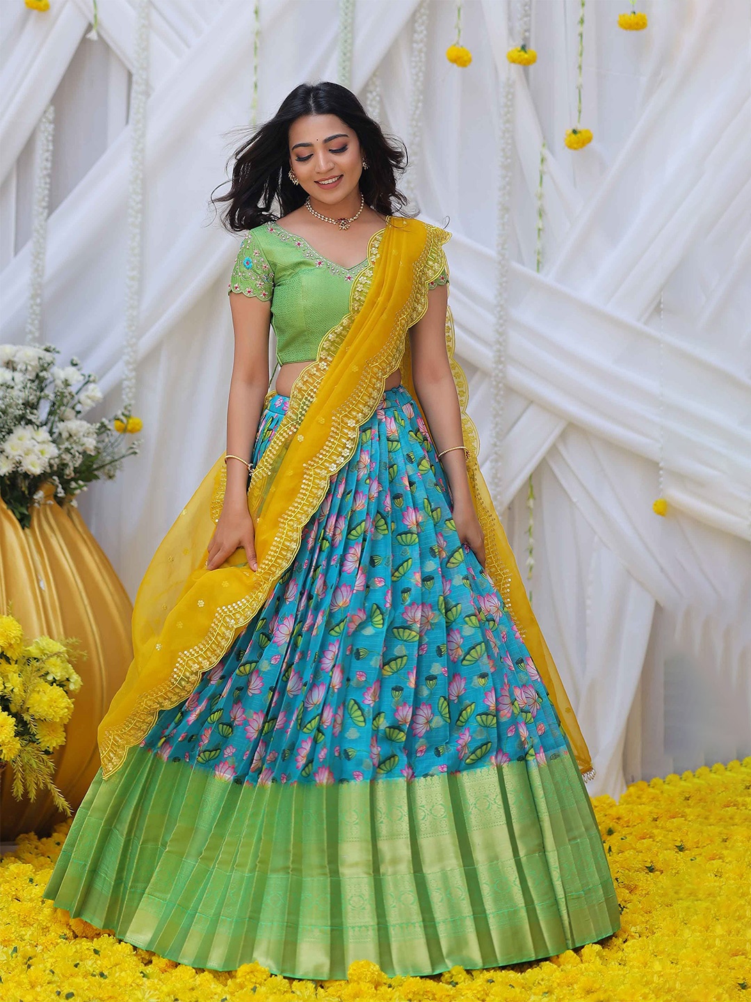 

Bullion Knot Embroidered Thread Work Kalamkari Ready to Wear Lehenga & Blouse With Dupatta, Blue