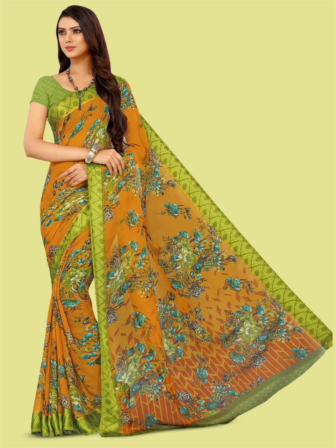 

Satrani Floral Pure Chiffon Saree, Green