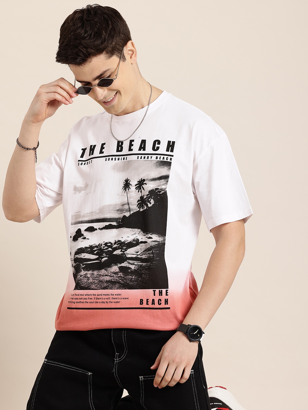 

HERE&NOW Pure Cotton Graphic Printed Drop-Shoulder Sleeves Boxy T-shirt, White