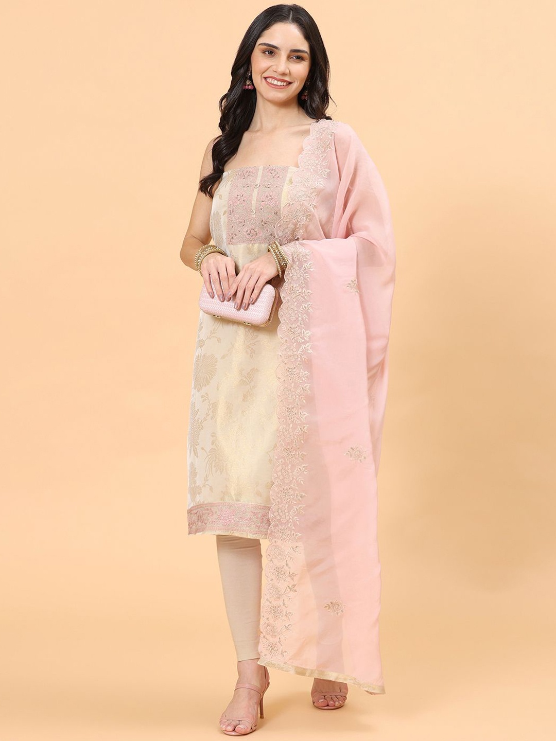 

Meena Bazaar Floral Woven Design Beads and Stones Unstitched Dress Material, Beige