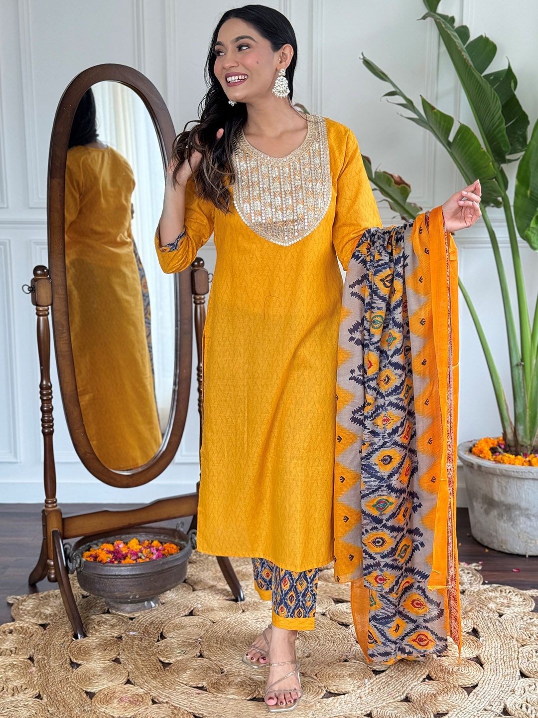 

KALINI Floral Embroidered Sequinned Straight Kurta with Trousers & Dupatta, Yellow