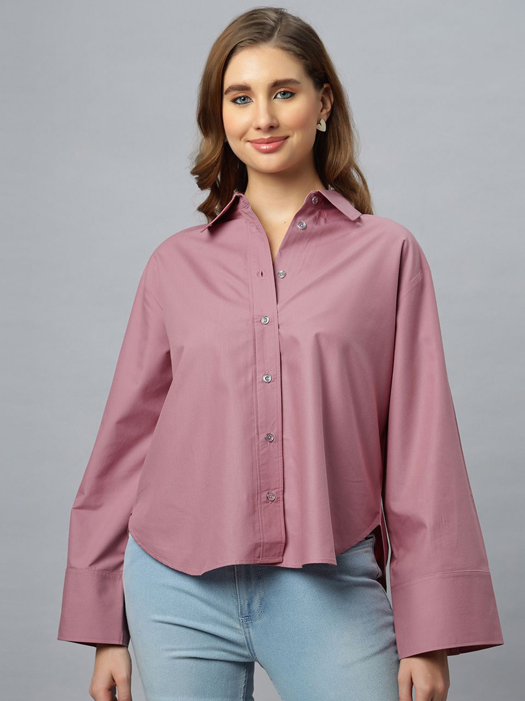 

PEACH & PANDA Women Comfort Spread Collar Solid Cotton Oversized Casual Shirt, Lavender