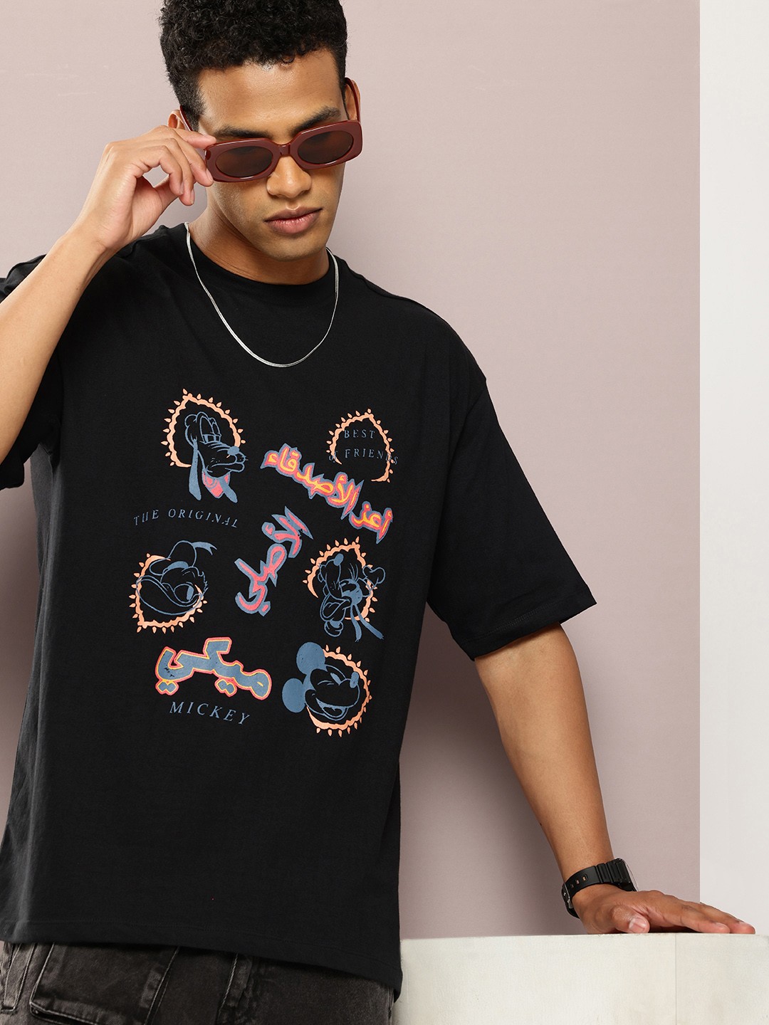 

Kook N Keech Disney Printed Drop-Shoulder Sleeves Oversized Pure Cotton T-shirt, Black