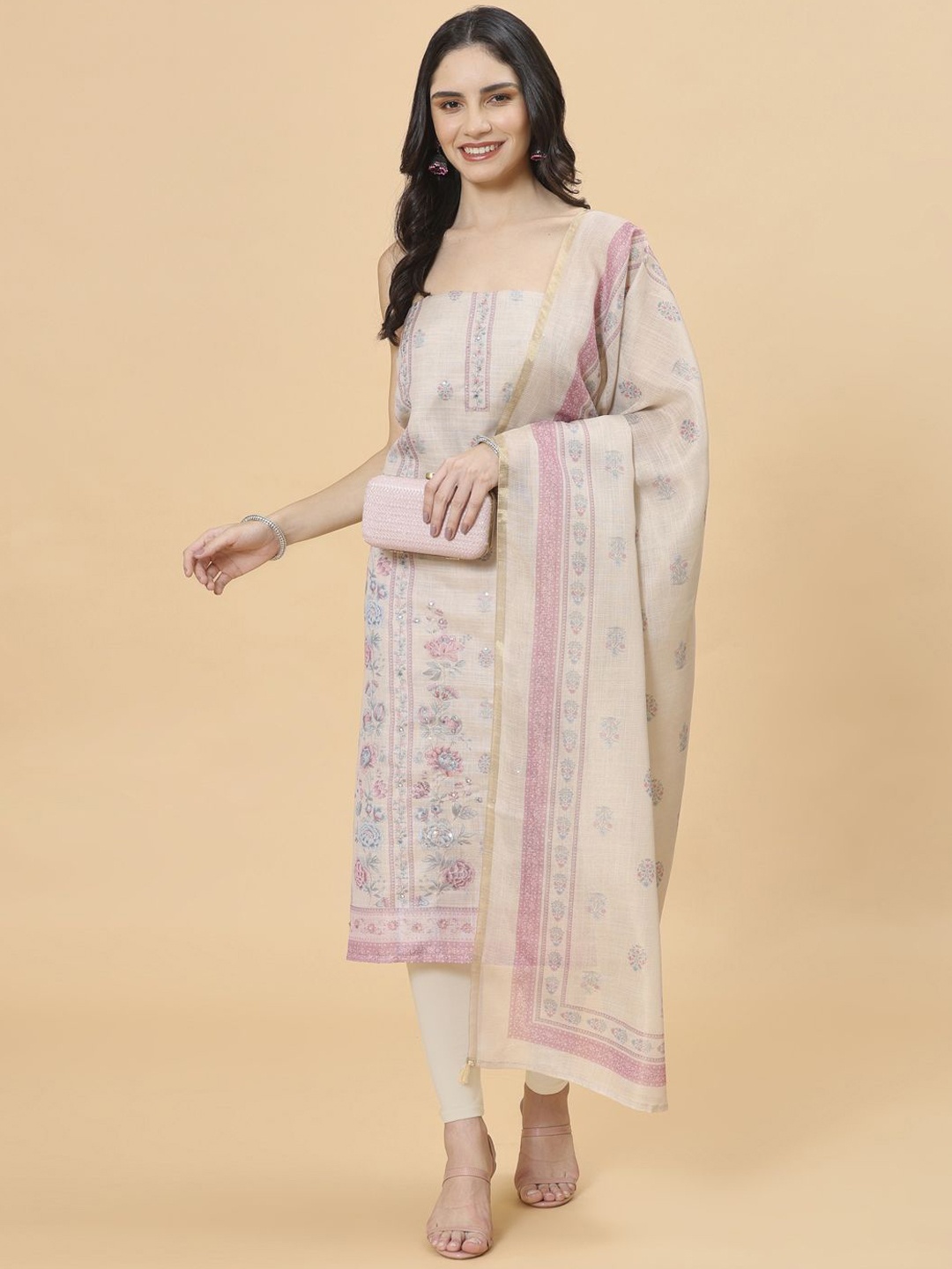 

Meena Bazaar Floral Printed Sequinned Unstitched Dress Material, Beige