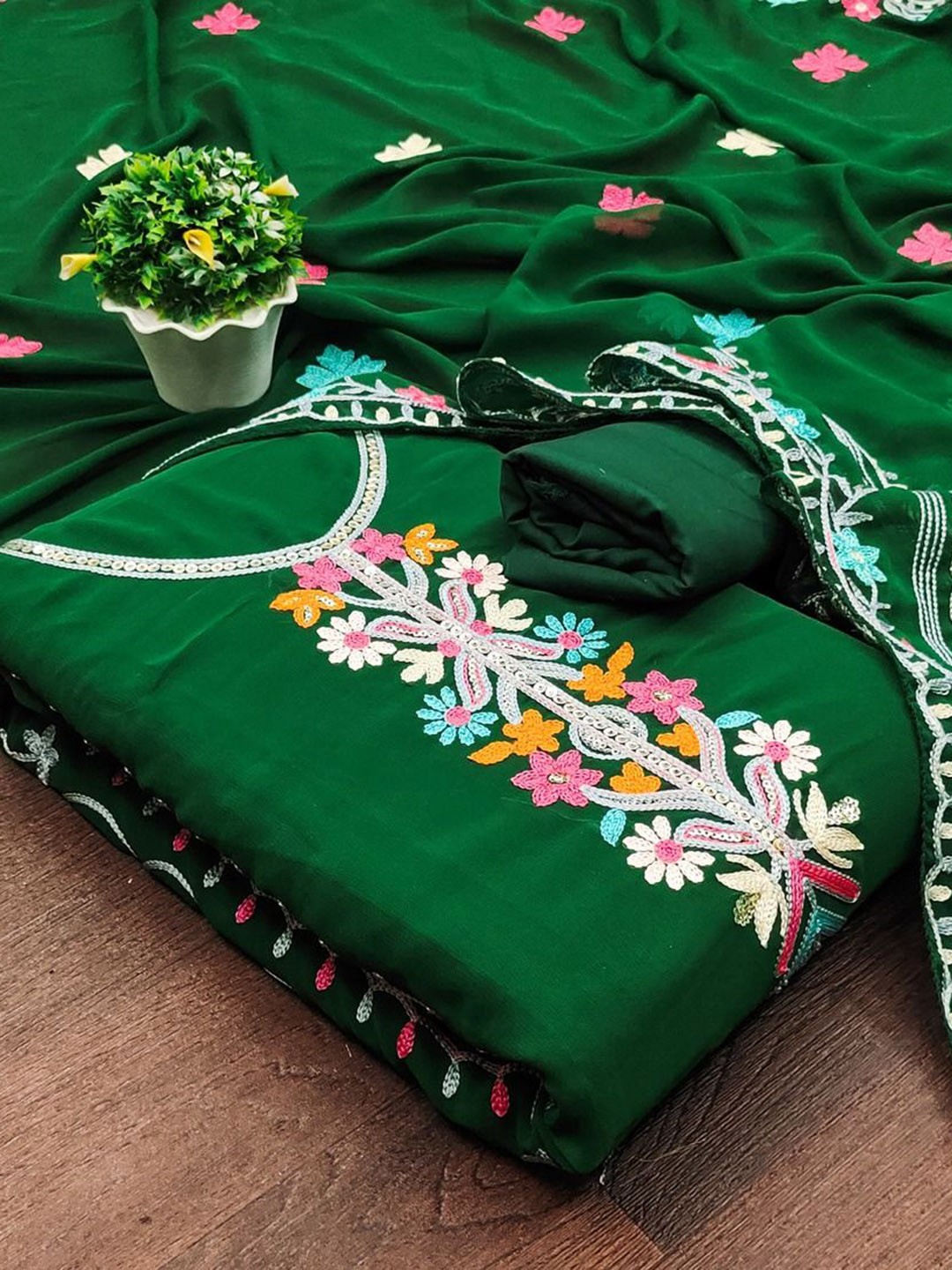 

APNISHA Floral Embroidered Thread Work Silk Georgette Unstitched Dress Material, Green