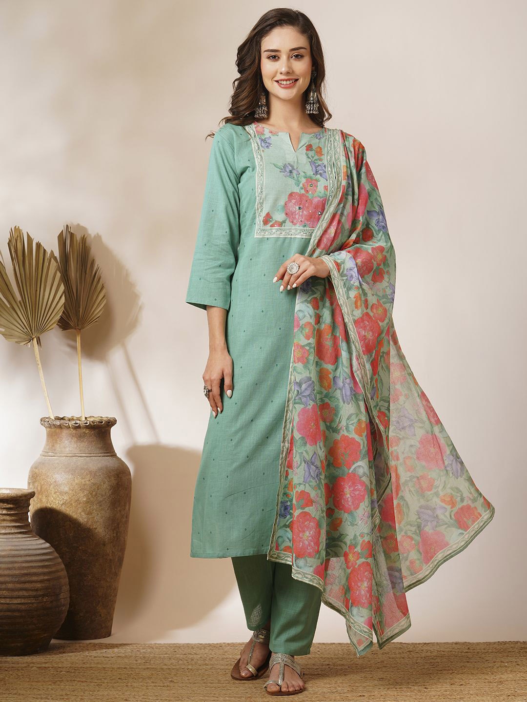 

FASHOR Floral Printed Sequinned Straight Kurta With Trousers & Dupatta, Green