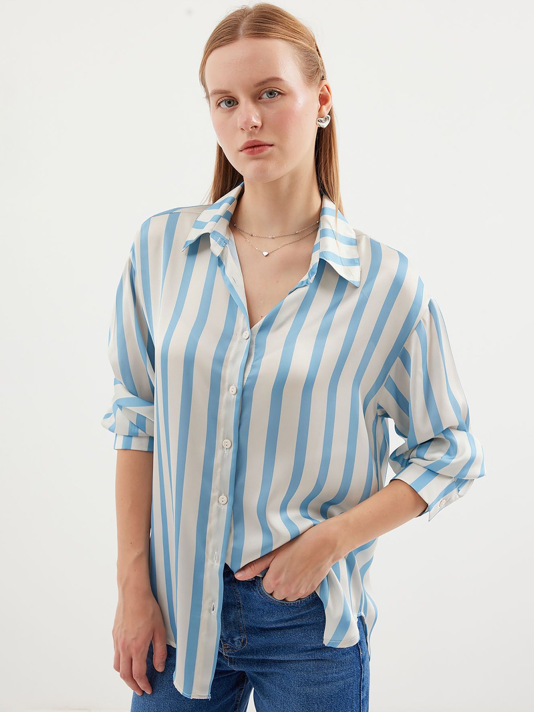 

BIGDART Women Spread Collar Striped Casual Shirt, White