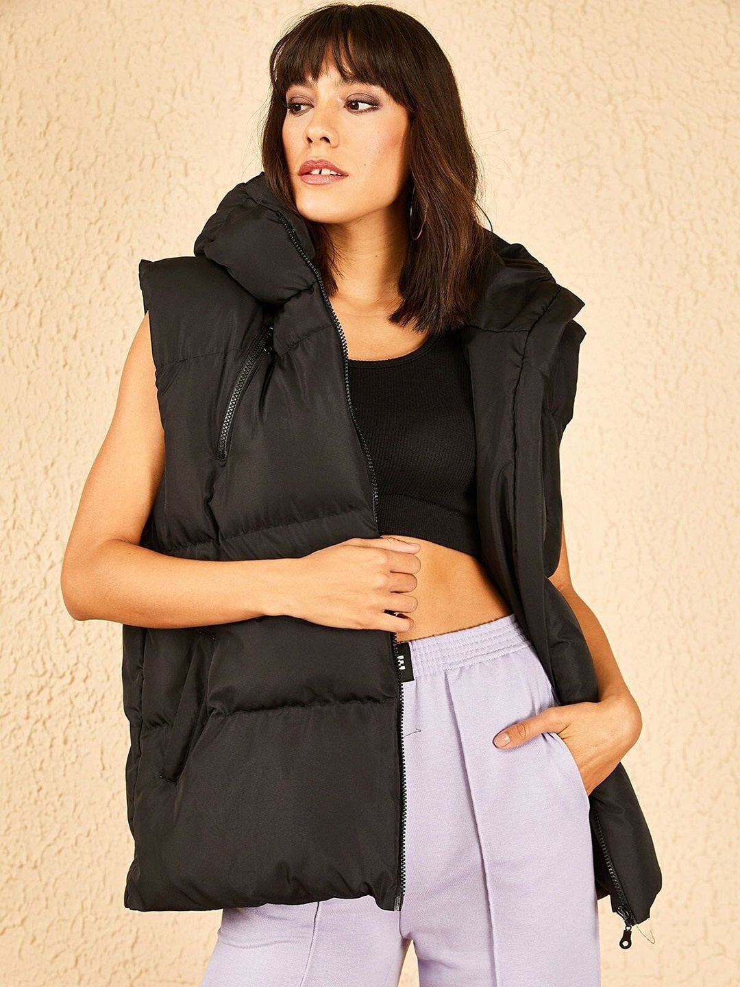 

BIANCO LUCCI Hooded Sleeveless Puffer Jacket, Black