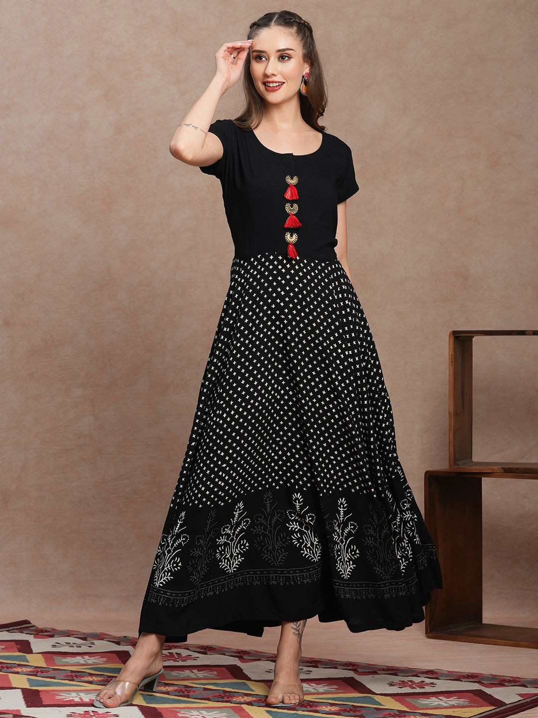 

FASHOR Ethnic Motifs Printed Maxi Dress, Black