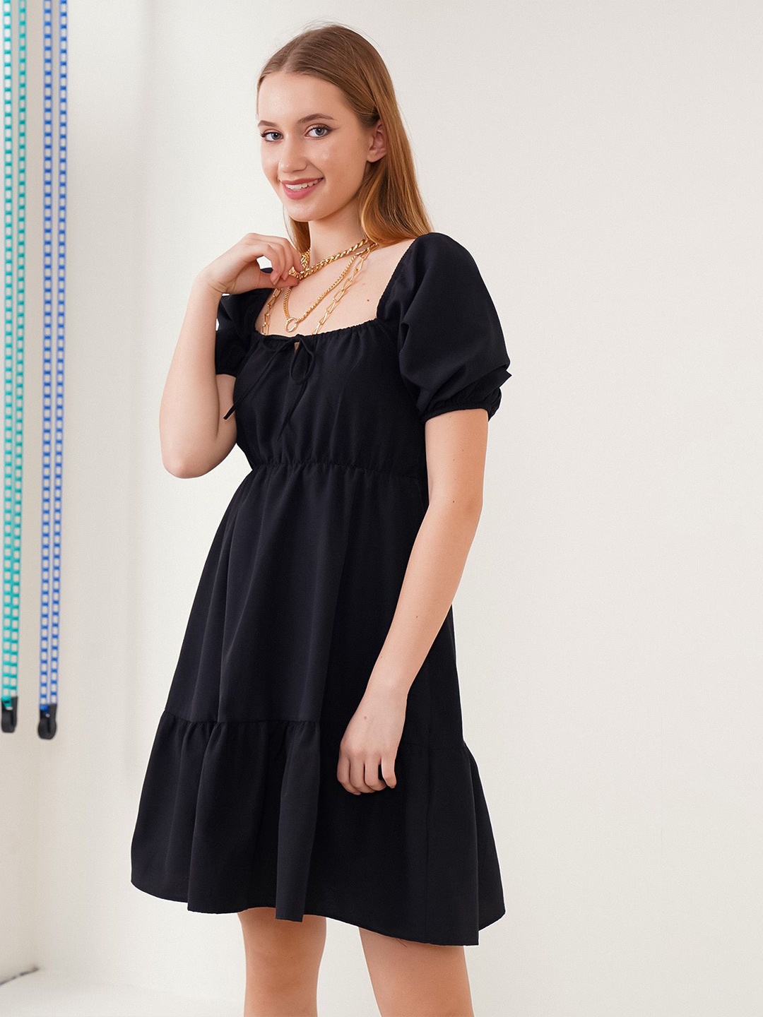 

BIGDART Women Solid Puff Sleeves Fit & Flare Dress, Black