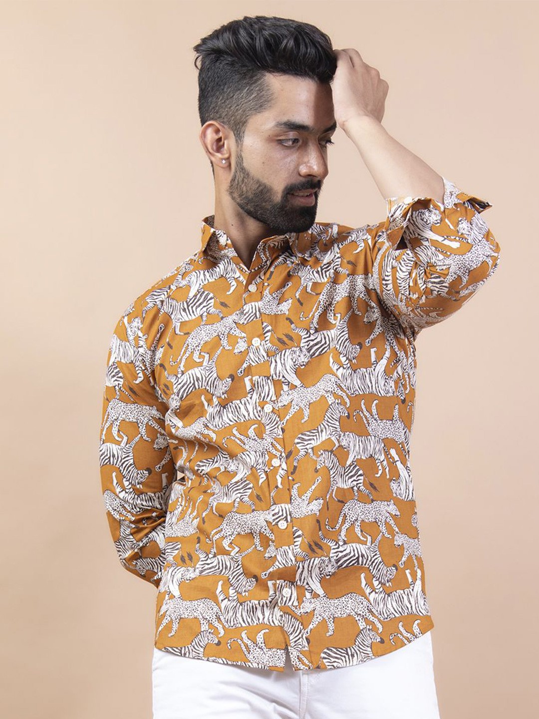 

Tistabene Men Standard Spread Collar Animal Printed Cotton Casual Shirt, Mustard