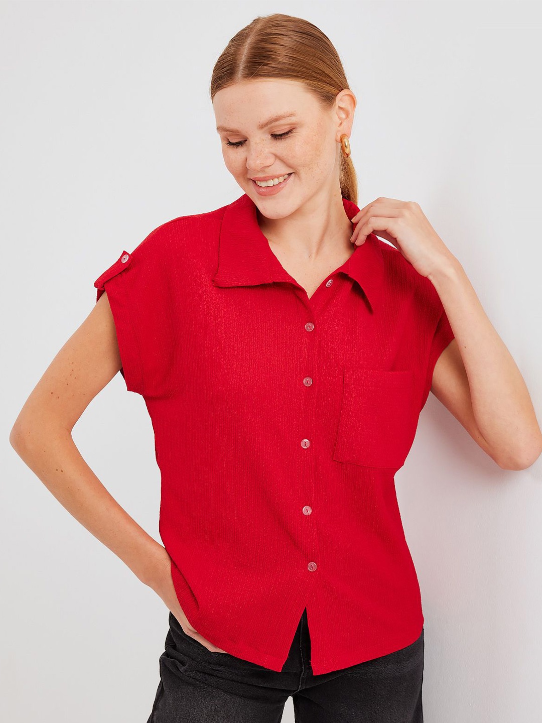 

BIGDART Women Spread Collar Solid Casual Shirt, Red