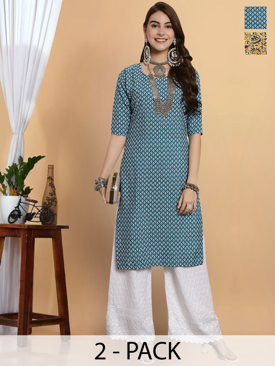 

7Threads Selection Of 2 Printed Straight Kurtas, Blue