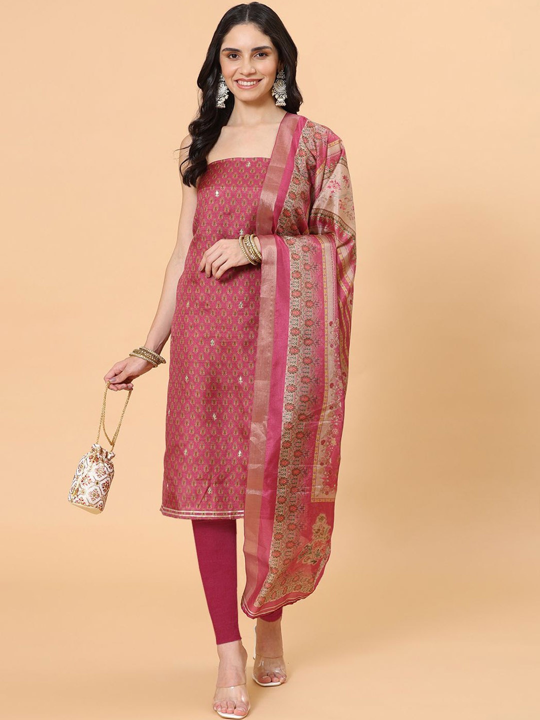

Meena Bazaar Floral Printed Mirror Work Unstitched Dress Material, Pink