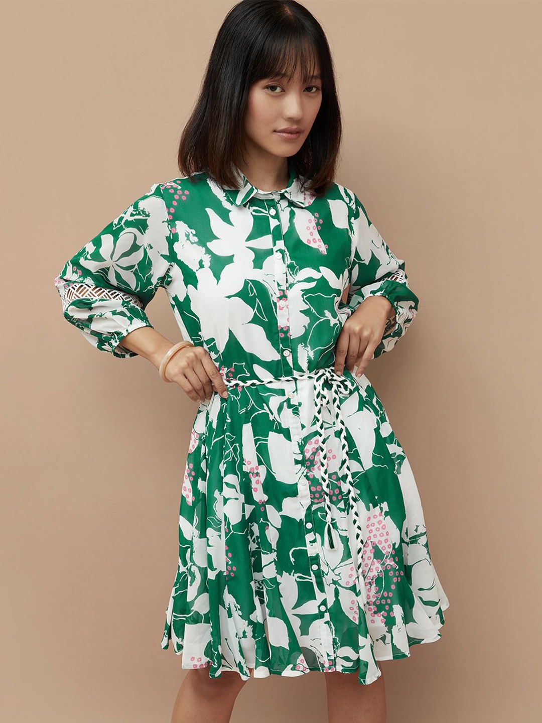 

Colour Me by Melange Tropical Printed Fit & Flare Shirt Dress, Green