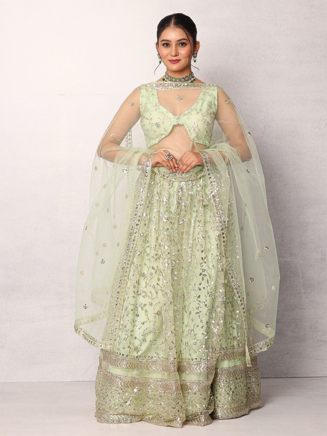 

Futra Gabha Embroidered Sequinned Ready to Wear Lehenga & Blouse With Dupatta, Green