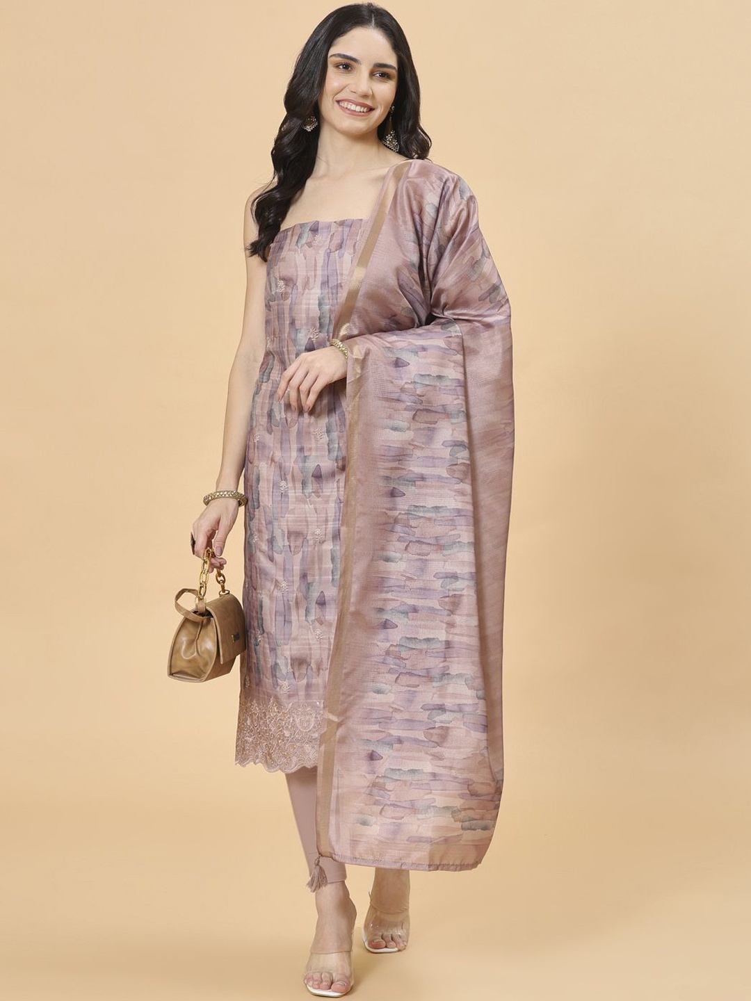 

Meena Bazaar Floral Printed Sequinned Unstitched Dress Material, Mauve