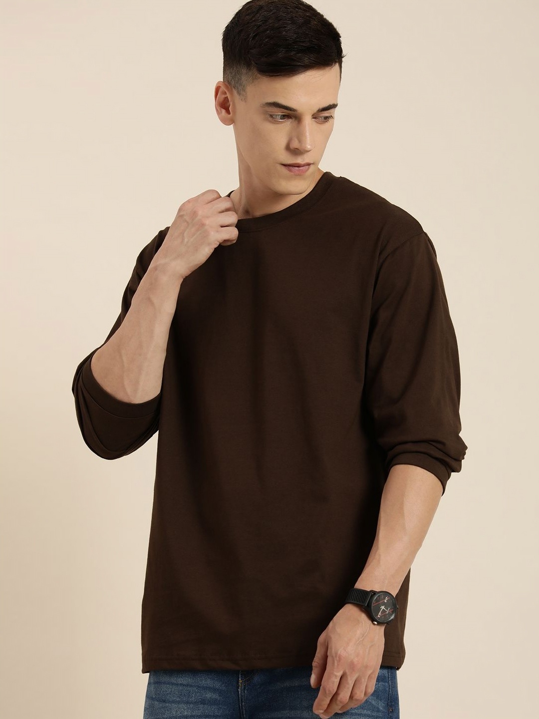 

DILLINGER Men Solid Round Neck Cotton Oversized T-Shirt, Brown