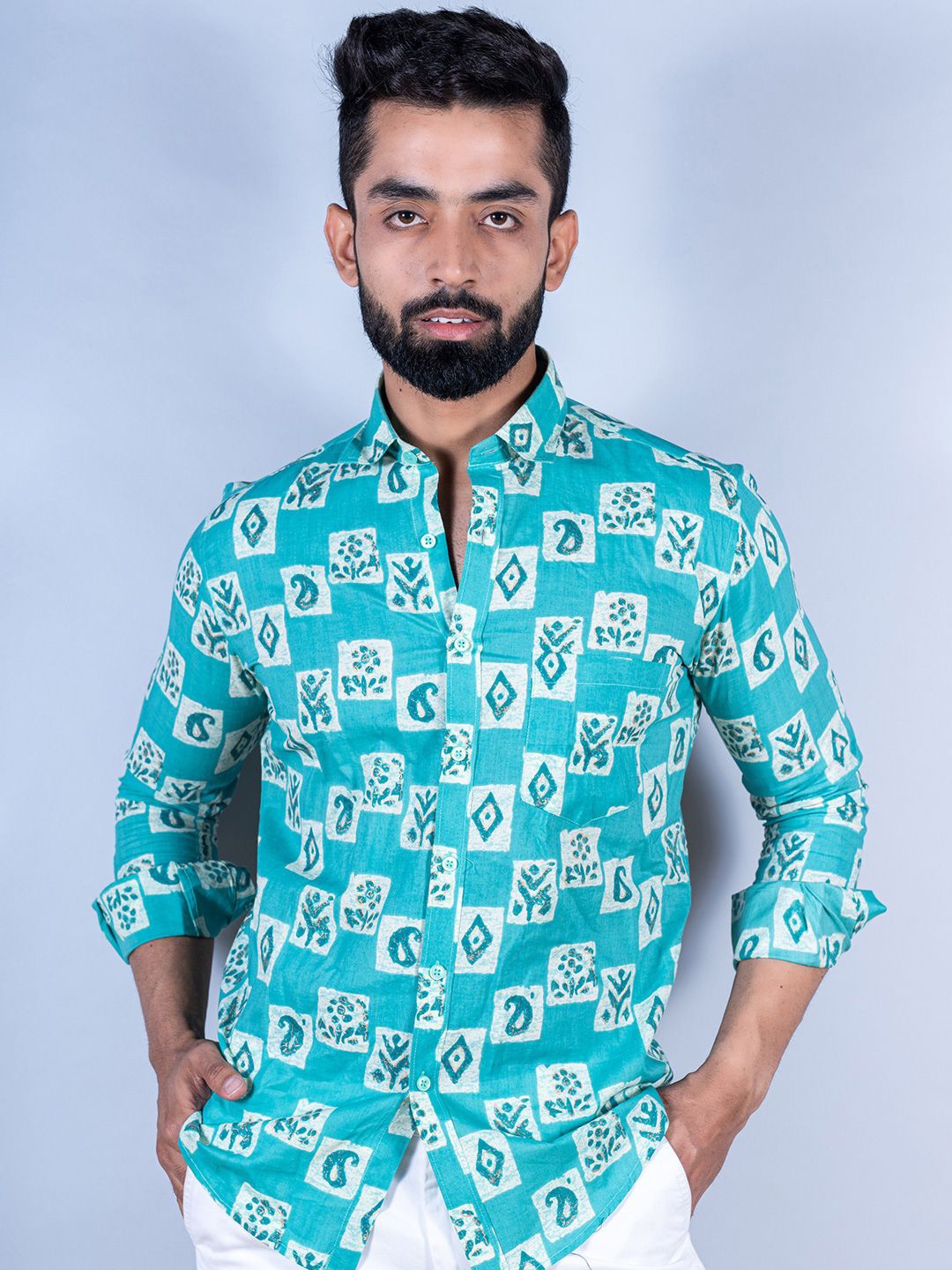 

Tistabene Men Standard Spread Collar Conversational Printed Cotton Casual Shirt, Teal