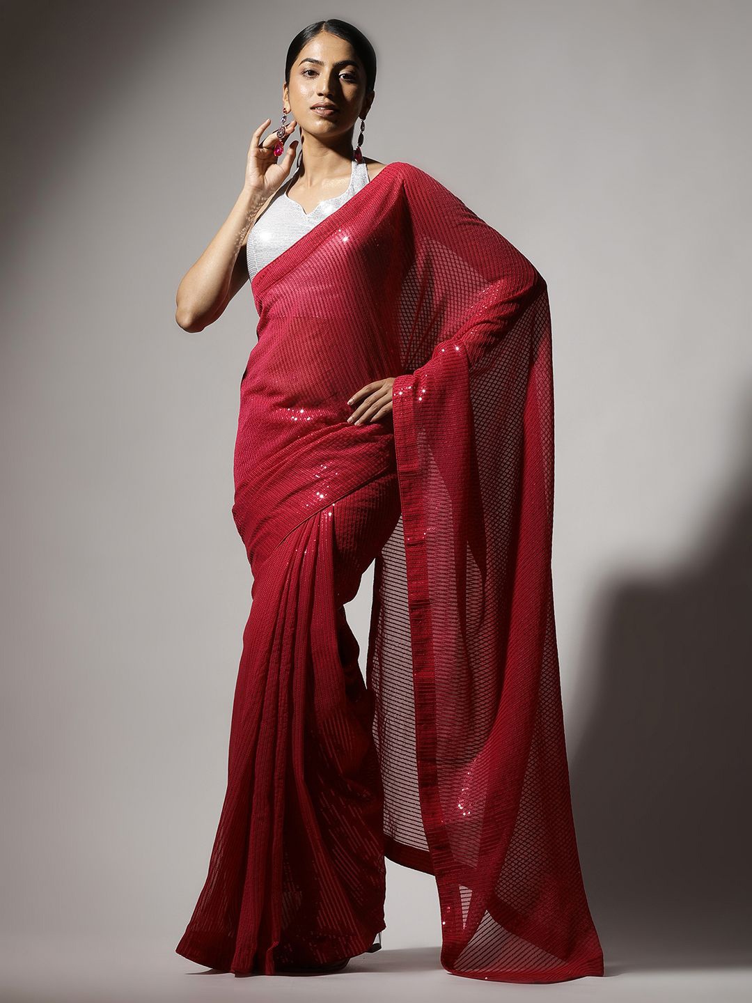

Qahal Striped Sequinned Pure Georgette Saree, Pink