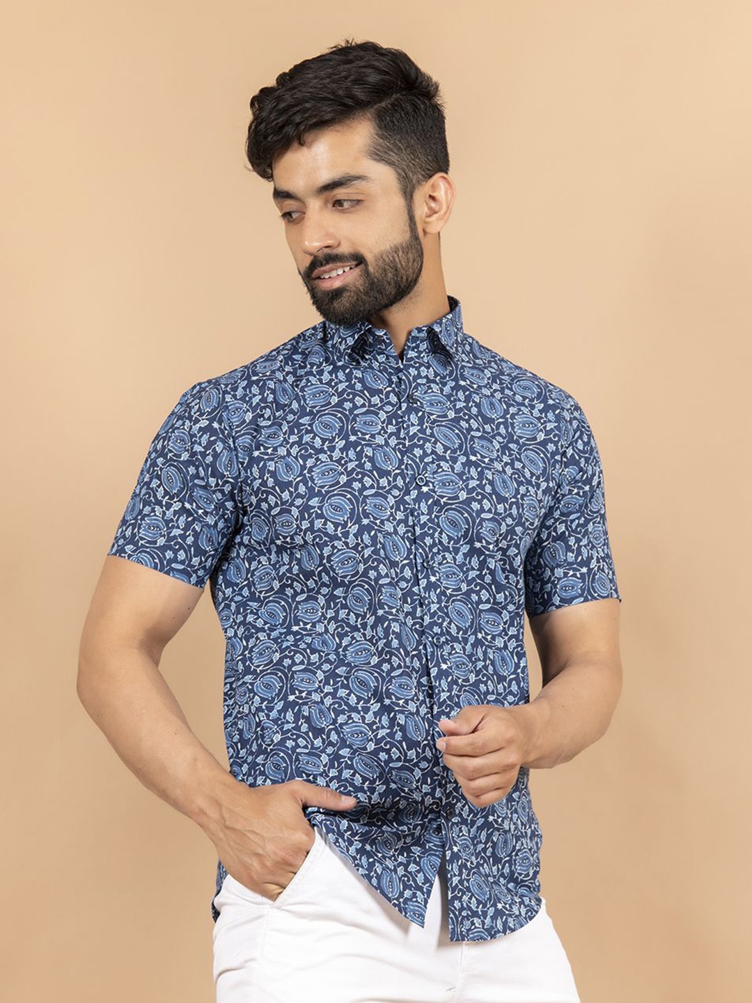 

Tistabene Men Standard Spread Collar Conversational Printed Cotton Casual Shirt, Navy blue