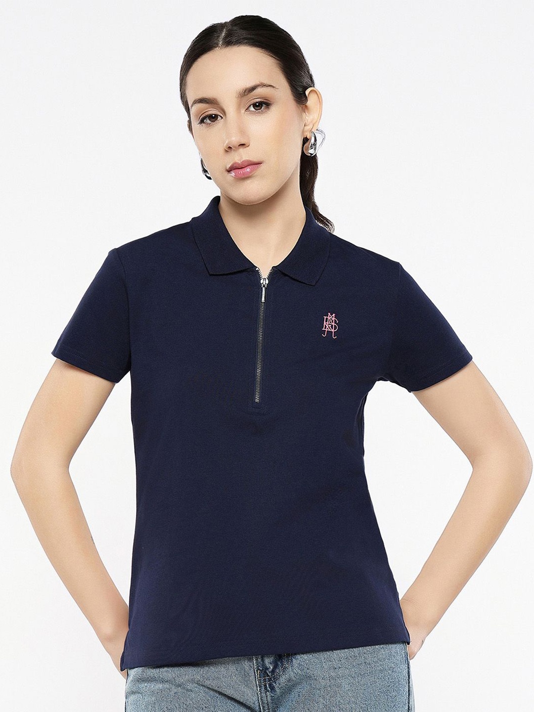 

RAREISM Women Solid Polo Collar Cotton T-Shirt, Navy blue