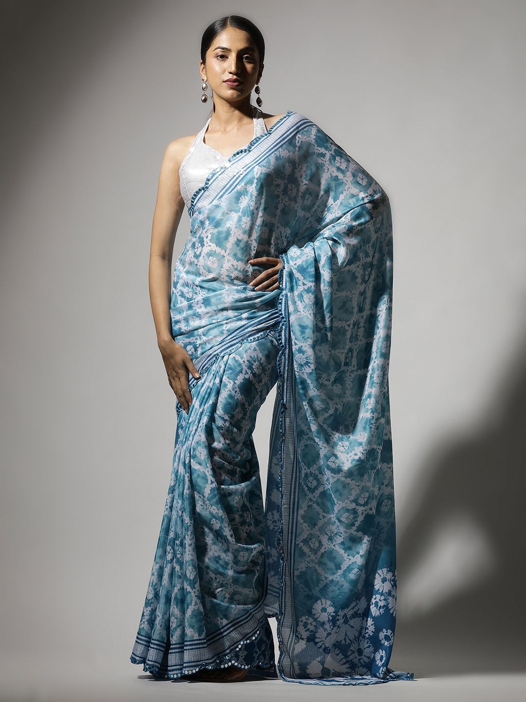 

Qahal Ethnic Motifs Mirror Work printed Saree, Blue