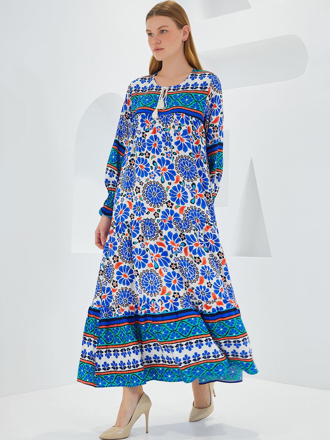 

BIGDART Floral Printed Tie-Up Neck Maxi Dress, Na
