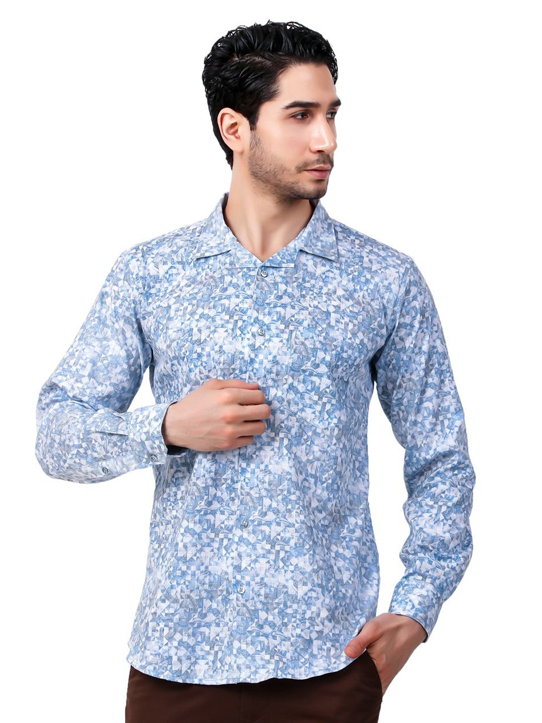 

DESIGN UP Men Relaxed Cuban Collar Conversational Printed Cotton Slim Fit Casual Shirt, Blue