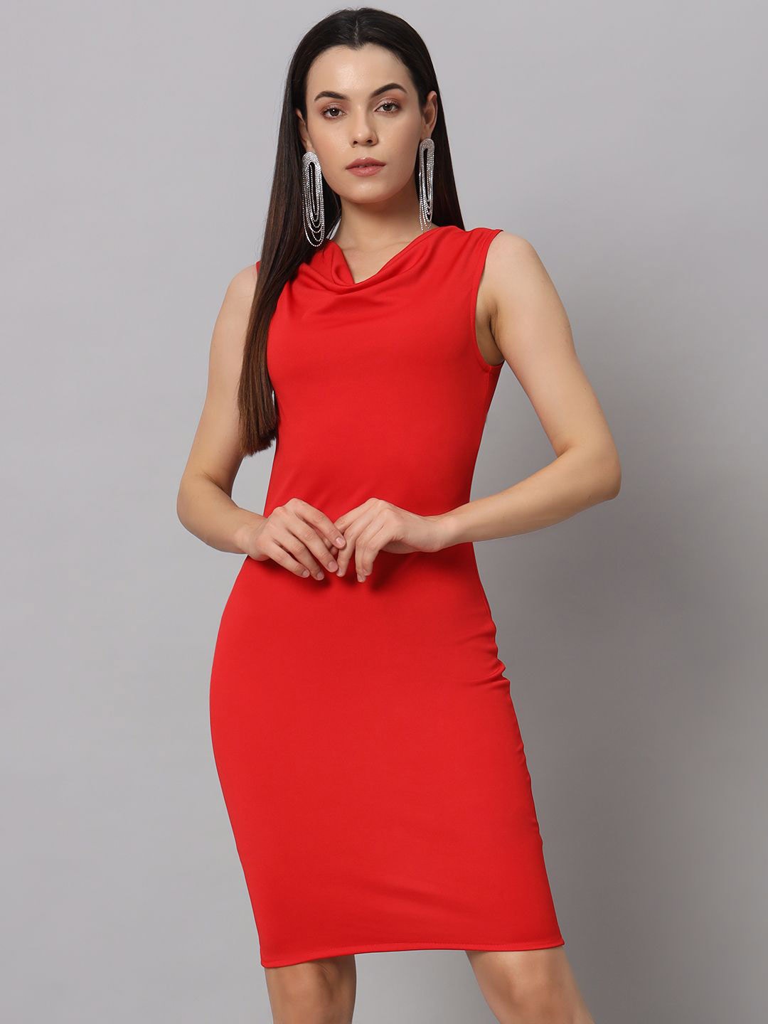 

VAARARO Cowl Neck Solid Bodycon Dress, Red