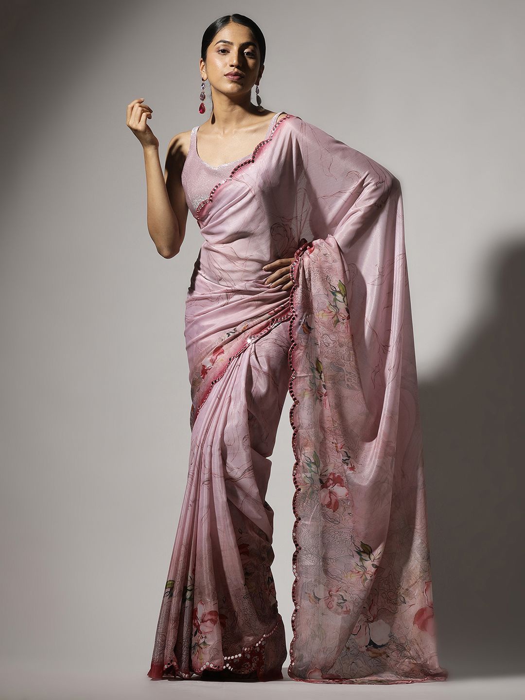

Qahal Floral Mirror Work Saree, Pink